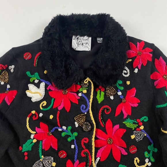 Vintage 90s Michael Simon Embroidered Cardigan Sweater Women's XL Poinsettia - Picture 2 of 10